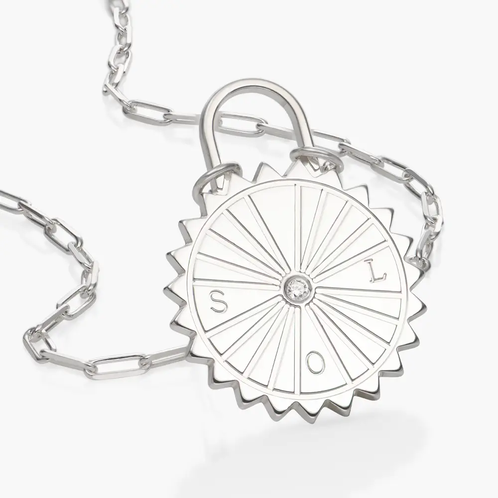 Sun Compass Diamond Initials Necklace In Sterling Silver
