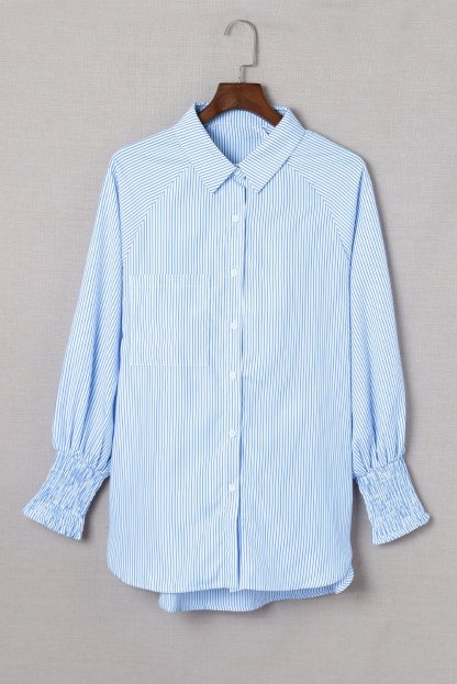 🔥Last Day Sale 🏆️Mid-length smocked shirt with striped lapel and oversized drawdown sleeves
