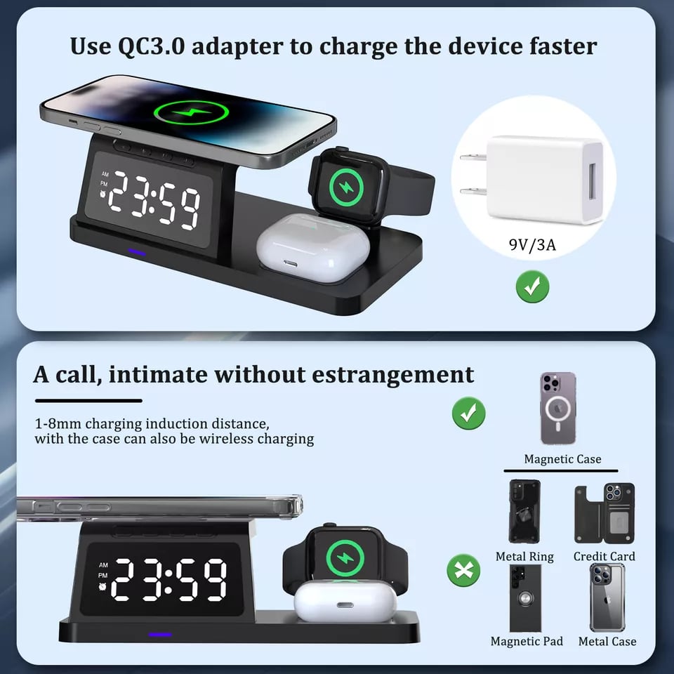 🔥7 in 1 Charging Station with Clock, Wireless Charger