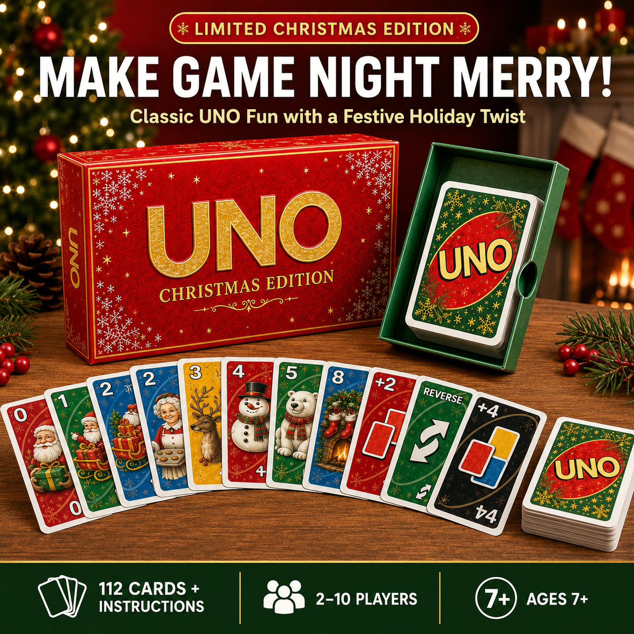 🃏UNO Christmas Edition🎄 – Holiday Family Card Game with 112 Festive Cards