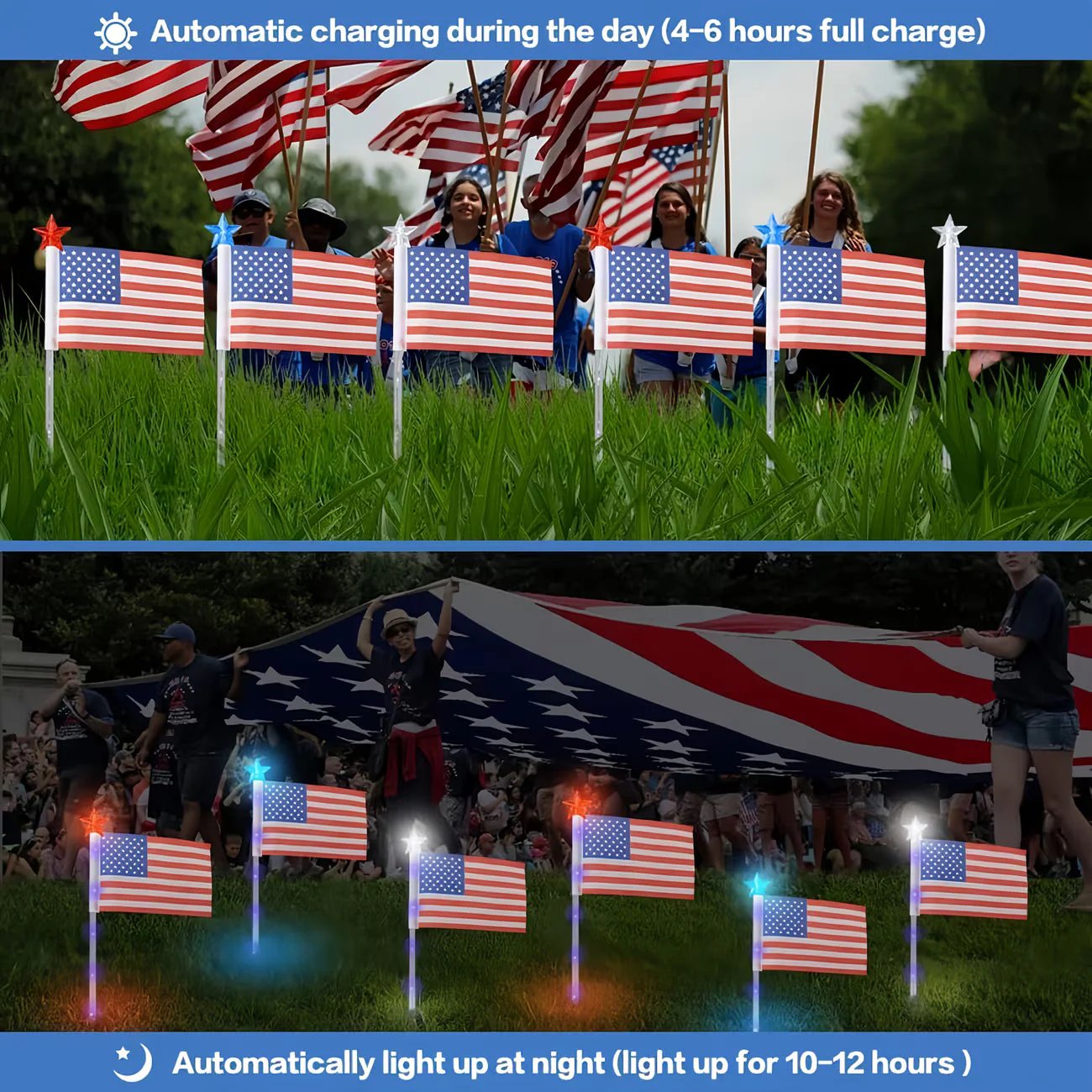 🌈Light Up Your 4th of July – 6-Pack Flag Lights with 6 Stunning Modes for Yard & Pathway