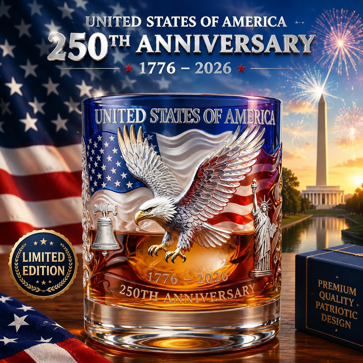 Limited Edition 2026 USA 250th Anniversary Commemorative Glass – 1776-2026 Heritage Edition
