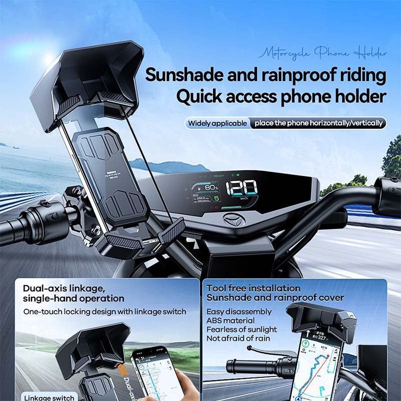 360° Rotating Motorcycle Phone Mount with Sunshade & Rain Protection �?Landscape & Portrait