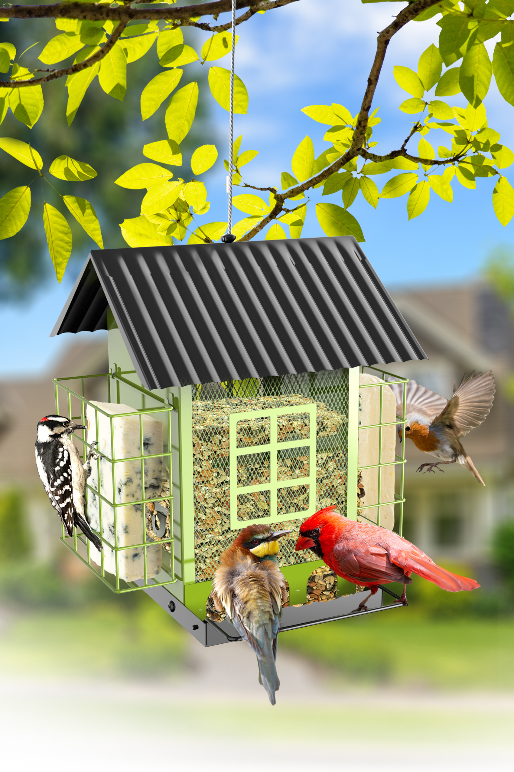 Bird Feeders for Outdoors Hanging, Metal Bird Feeder with Double Suet Cage Cake
