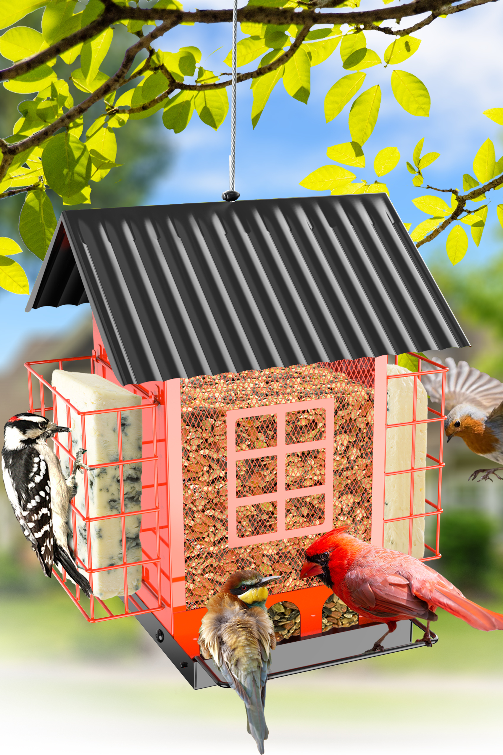 Bird Feeders for Outdoors Hanging, Metal Bird Feeder with Double Suet Cage Cake