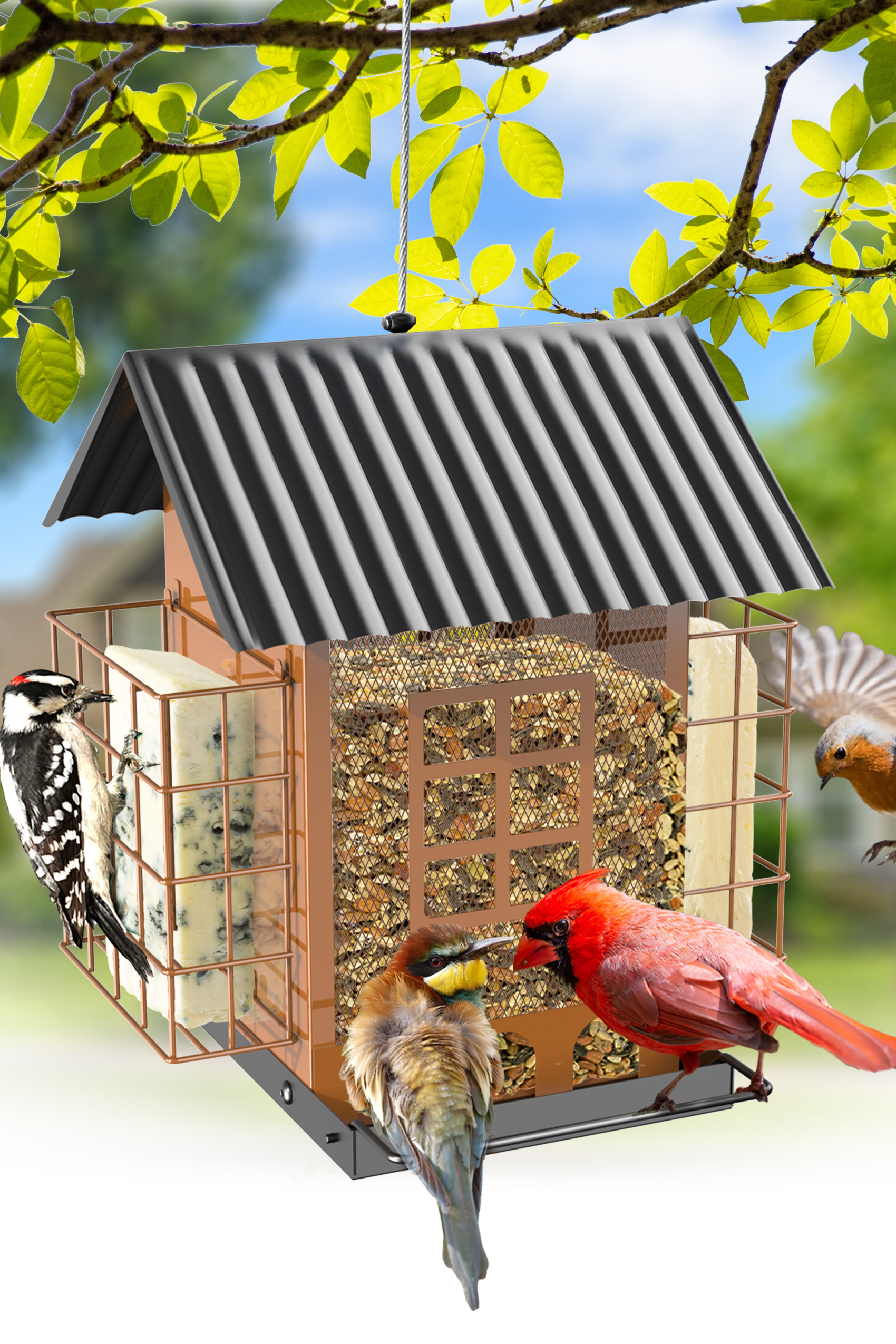 Bird Feeders for Outdoors Hanging, Metal Bird Feeder with Double Suet Cage Cake