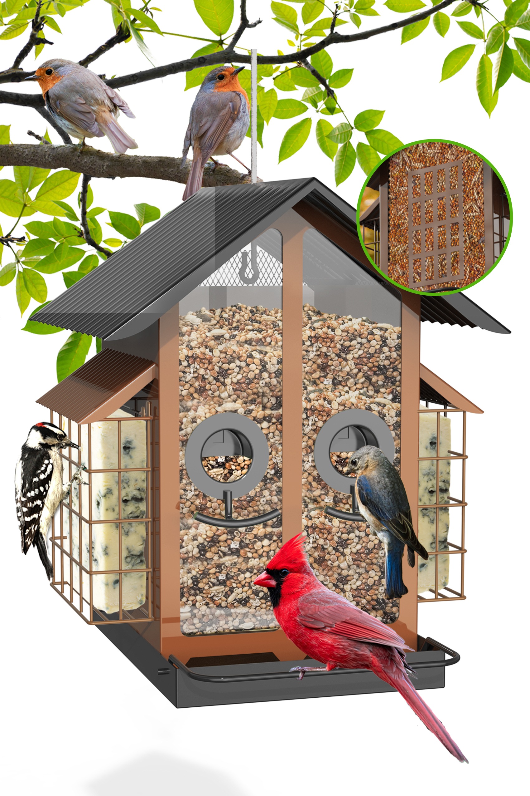 FlowaFoli Metal Bird Feeder with Double Suet Cage Weatherproof Metal Roof, 2 in 1 Mixed Seeds Suet Feeder（Green）