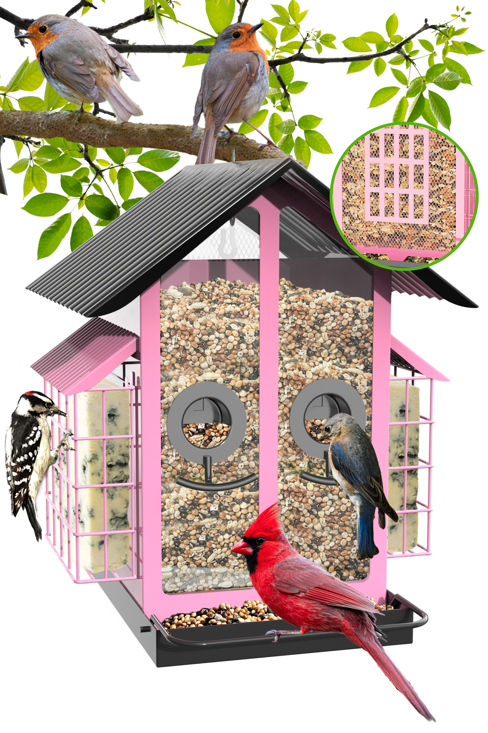 FlowaFoli Metal Bird Feeder with Double Suet Cage Weatherproof Metal Roof, 2 in 1 Mixed Seeds Suet Feeder（Green）