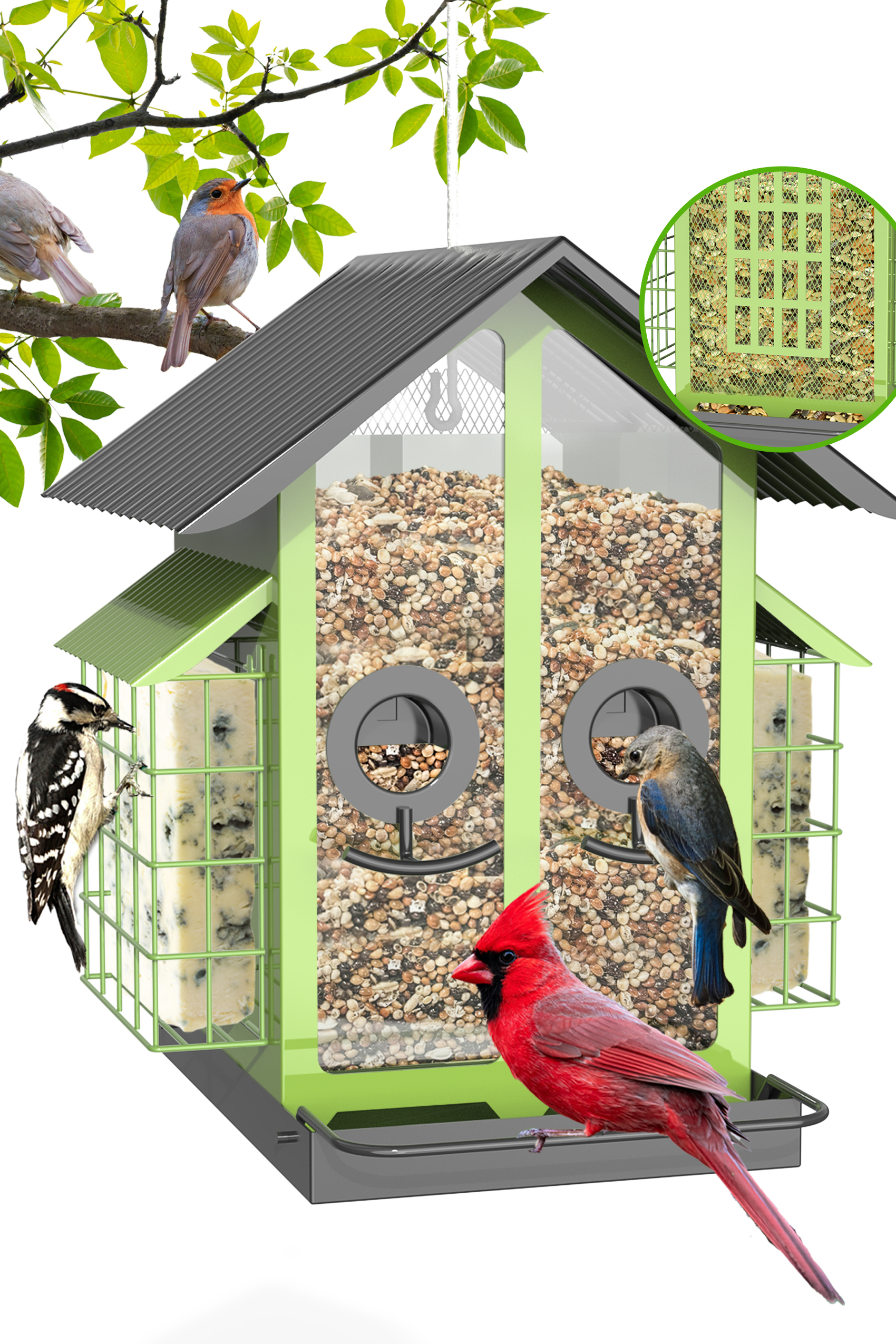 Bird Feeders for Outdoors Hanging, Metal Bird Feeder with Double Suet 