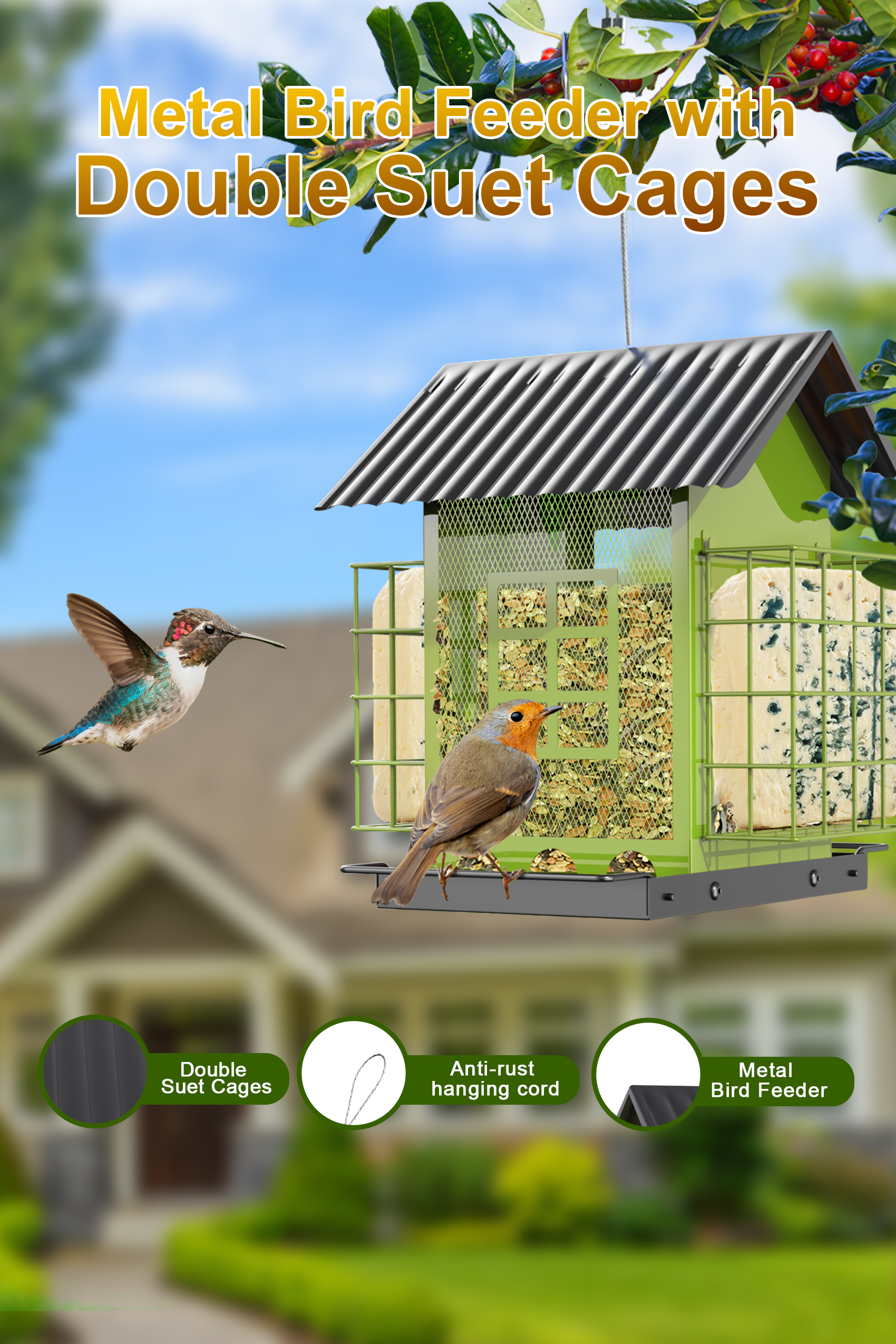 Bird Feeders for Outdoors Hanging, Metal Bird Feeder with Double Suet Cage Cake