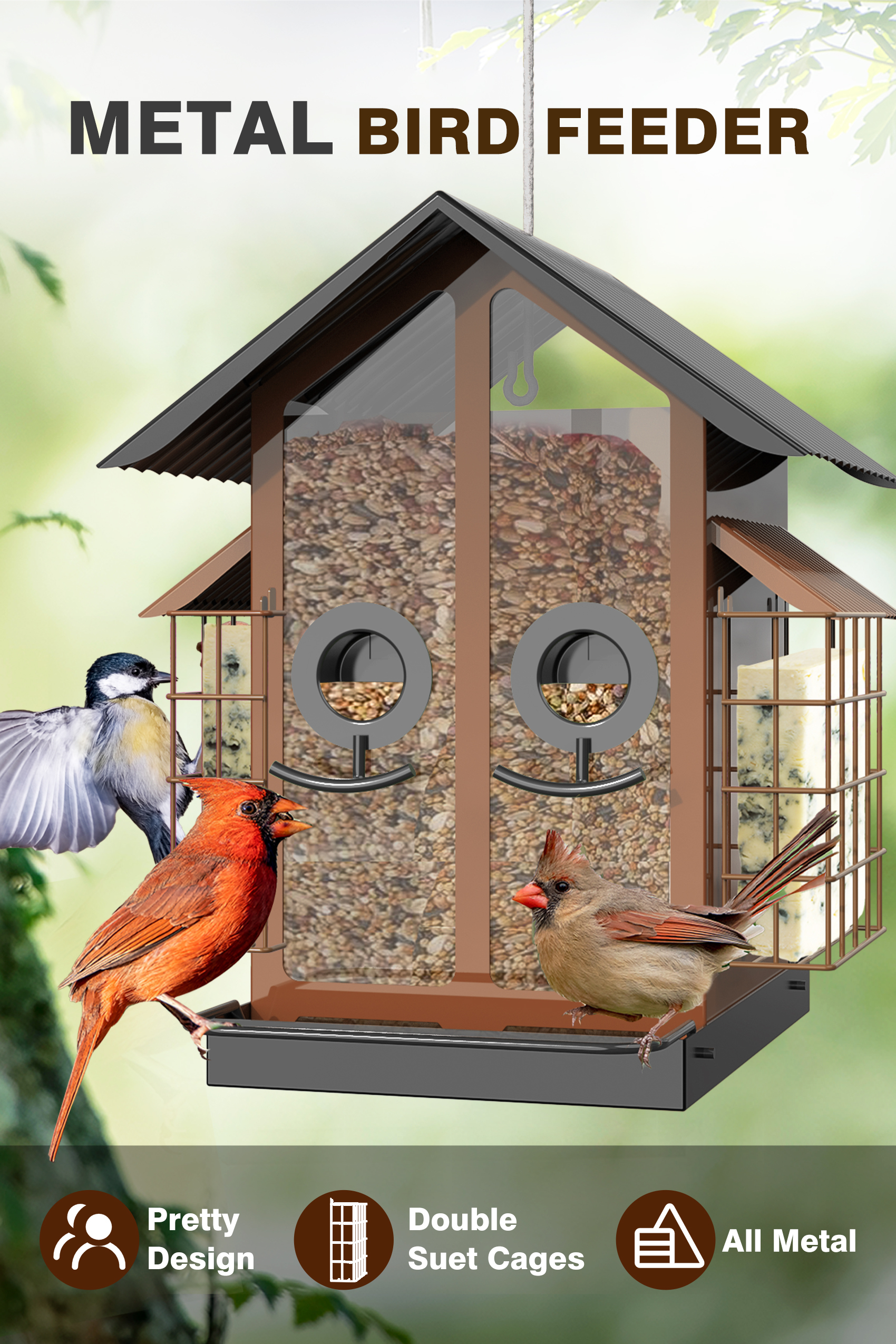 FlowaFoli Metal Bird Feeder with Double Suet Cage Weatherproof Metal Roof, 2 in 1 Mixed Seeds Suet Feeder（Green）