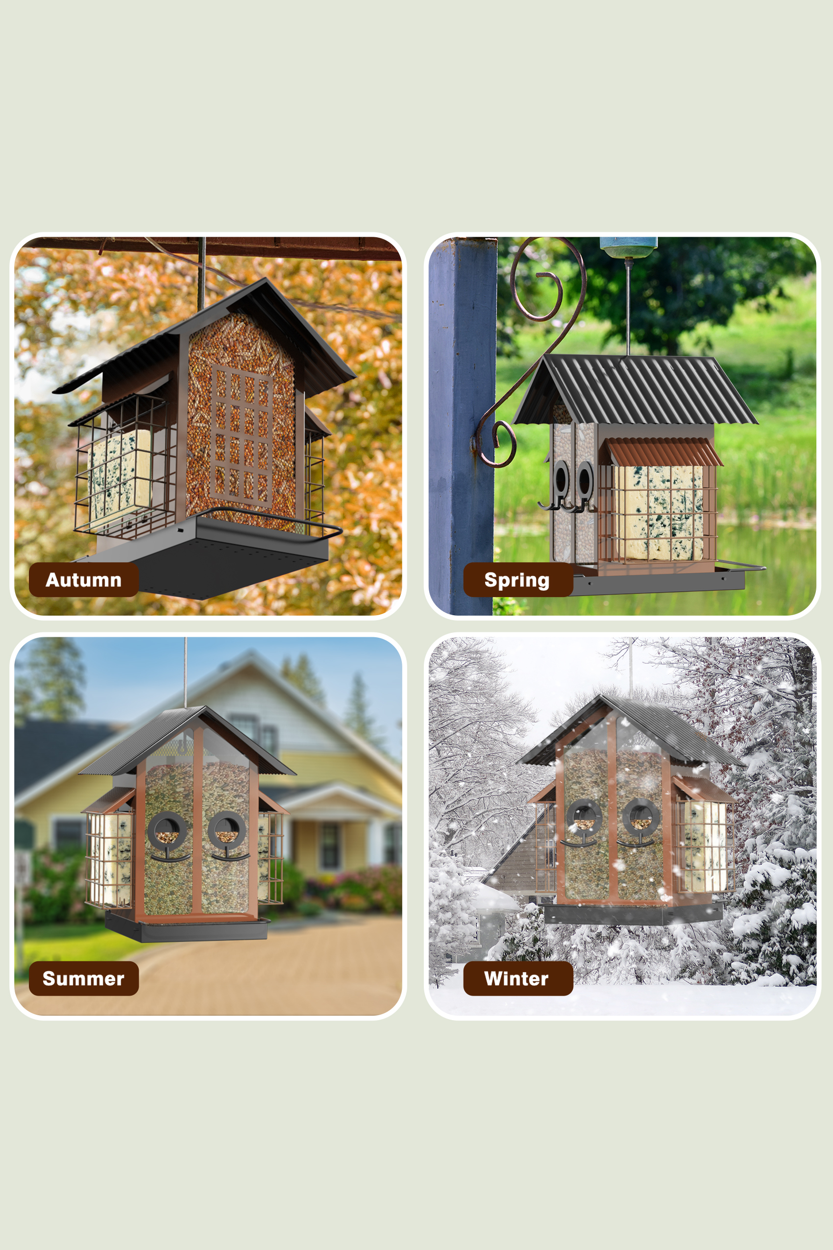 FlowaFoli Metal Bird Feeder with Double Suet Cage Weatherproof Metal Roof, 2 in 1 Mixed Seeds Suet Feeder（Green）