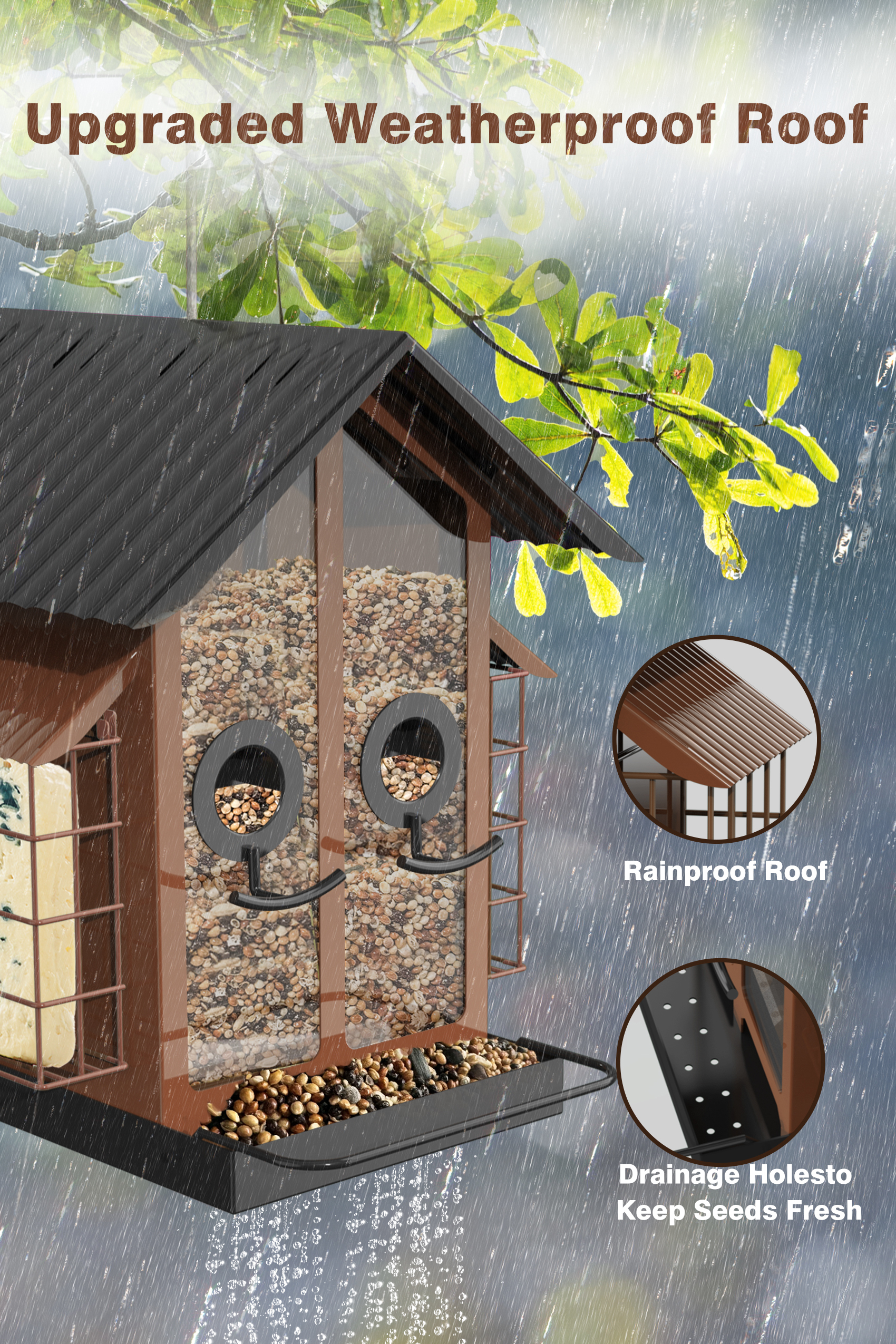 FlowaFoli Metal Bird Feeder with Double Suet Cage Weatherproof Metal Roof, 2 in 1 Mixed Seeds Suet Feeder（Green）