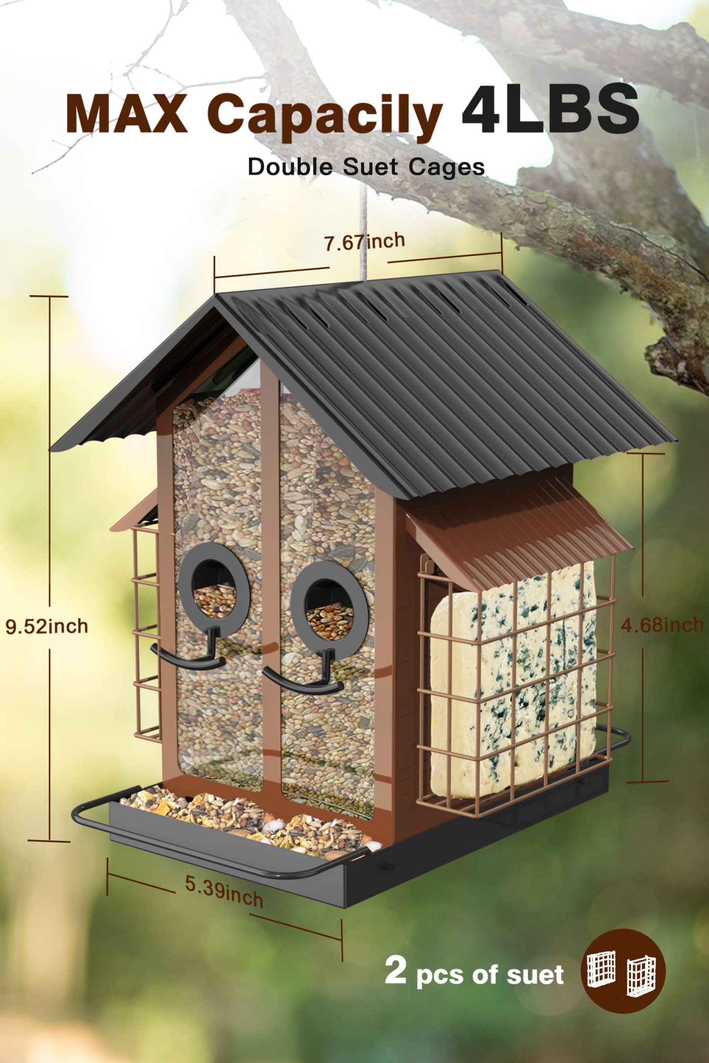 FlowaFoli Metal Bird Feeder with Double Suet Cage Weatherproof Metal Roof, 2 in 1 Mixed Seeds Suet Feeder（Green）