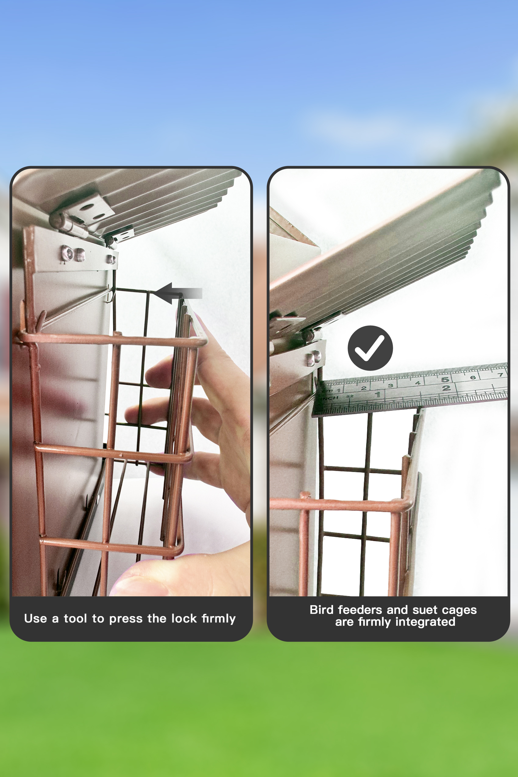 FlowaFoli Metal Bird Feeder with Double Suet Cage Weatherproof Metal Roof, 2 in 1 Mixed Seeds Suet Feeder（Green）