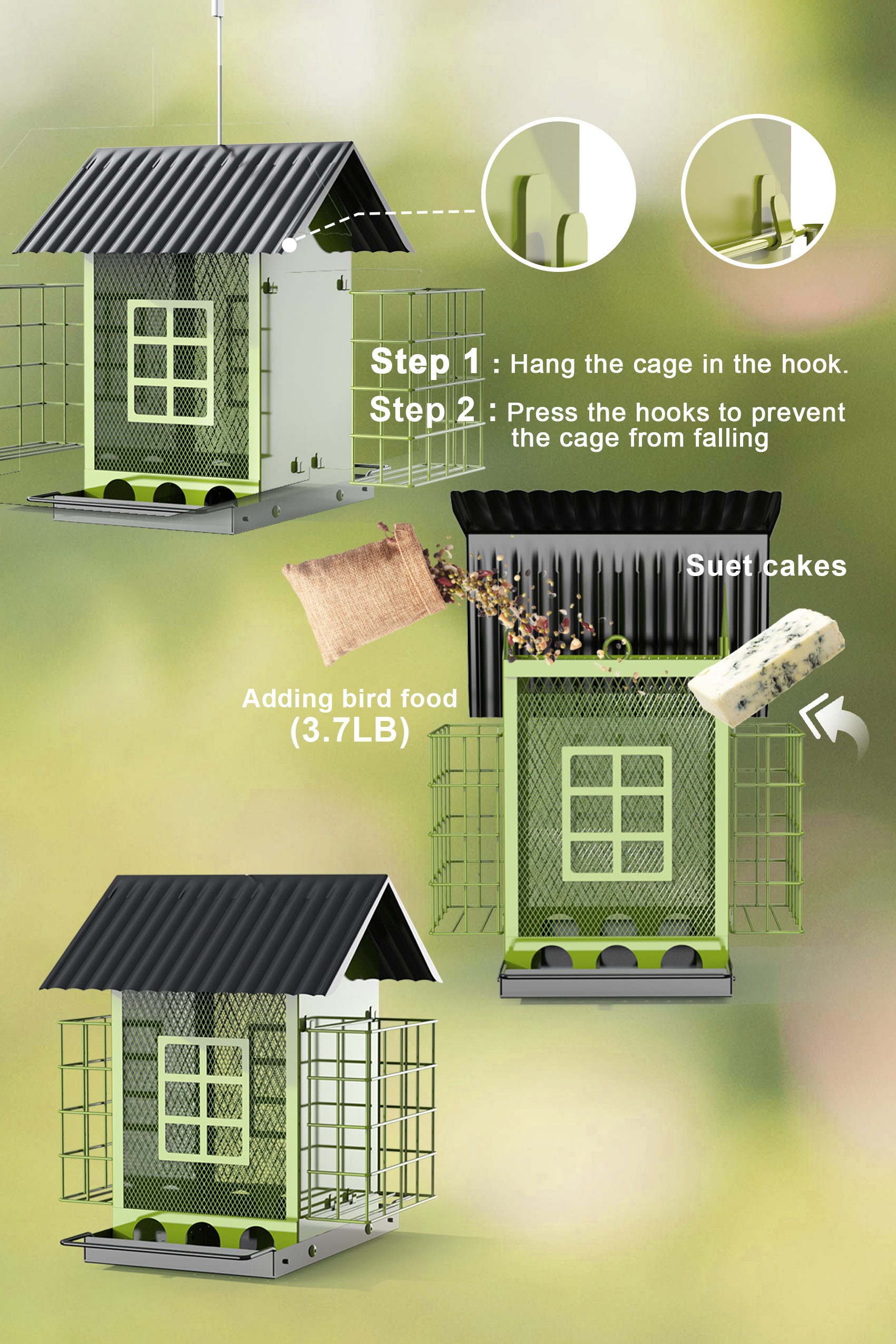 Bird Feeders for Outdoors Hanging, Metal Bird Feeder with Double Suet Cage Cake