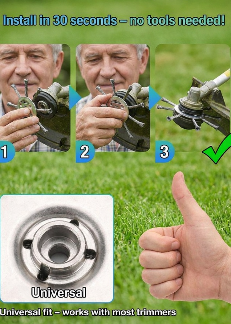 🛡️【Double Effort-Saving】⚙️Steel Wire Wheel Grass Trimmer Head！⚡30-Year Lifespan Without Rusting or Bending！