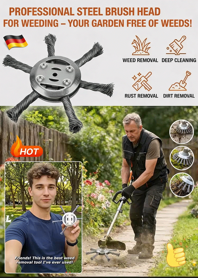 🛡️【Double Effort-Saving】⚙️Steel Wire Wheel Grass Trimmer Head！⚡30-Year Lifespan Without Rusting or Bending！