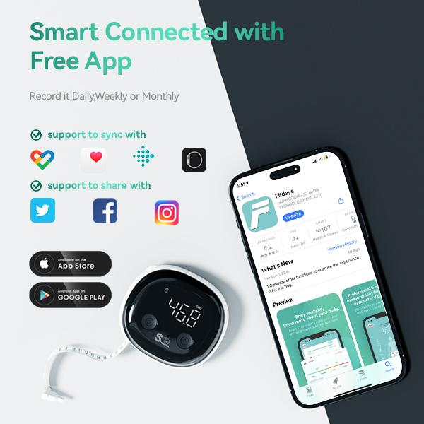 Fitdays Smart Tape Measure with Bluetooth App, Automatic Retractable Tape Measure for Waist, Hips, Bust, Arms, Muscle Gain, 60 Inch / 150 cm