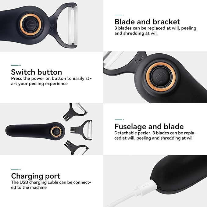 Electric peeler, 3 stainless steel blades, fruit and potato peeler, Type-C charging,