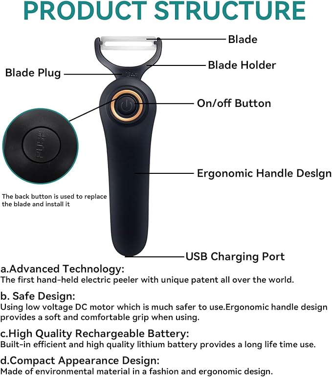 Electric peeler, 3 stainless steel blades, fruit and potato peeler, Type-C charging,