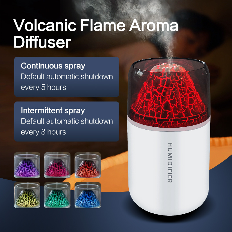 Portable mini volcano aromatherapy humidifier, 7 color lights, cool mist, automatic shut-off, Type-c charging, suitable for bedroom, travel, office, home.
