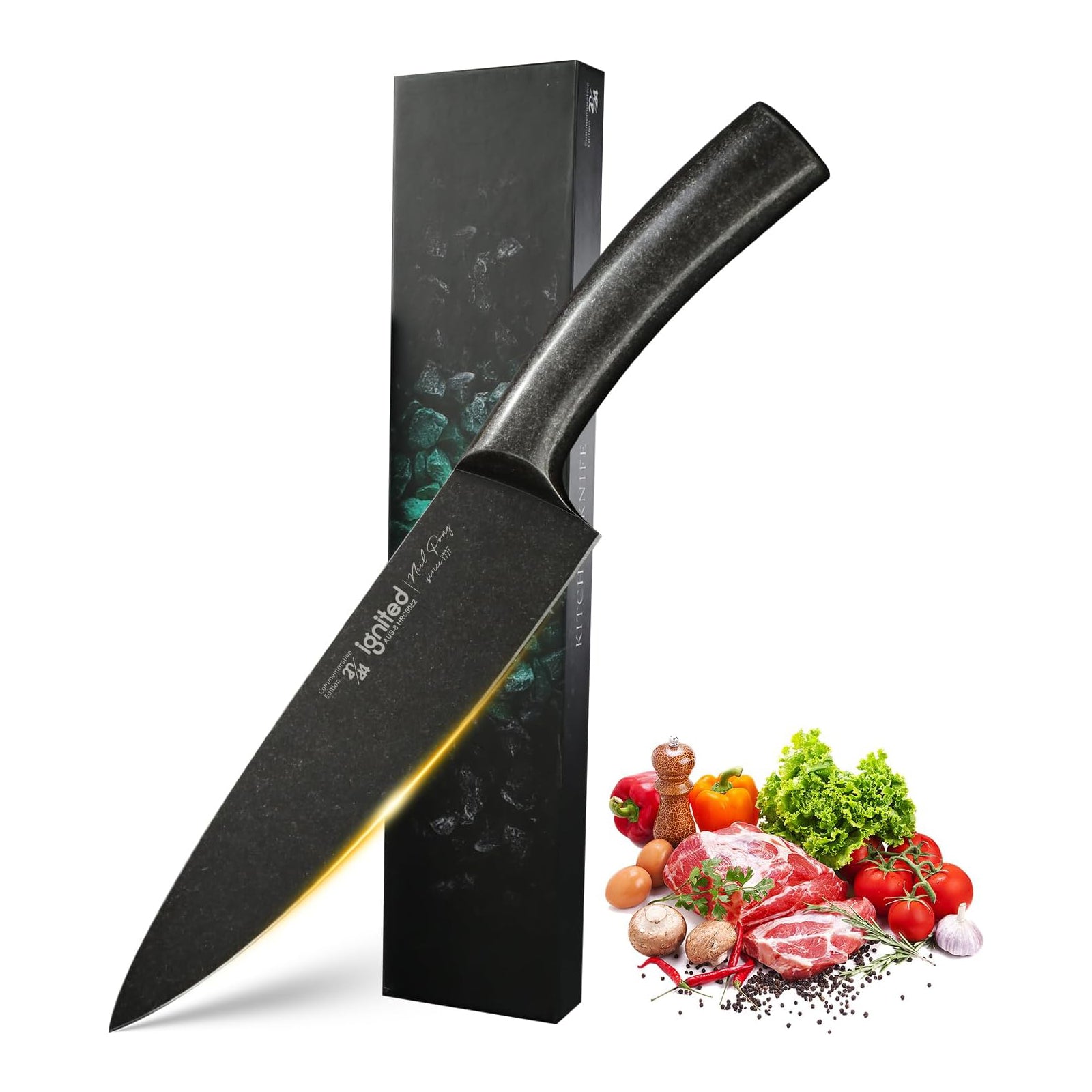 IGNITED CUTLERY 8" Limited Edition Chef Knife – One-Piece All-Steel AUS-8 Knife, 13° Razor Edge, Ergonomic Steel Handle, Stonewashed Finish