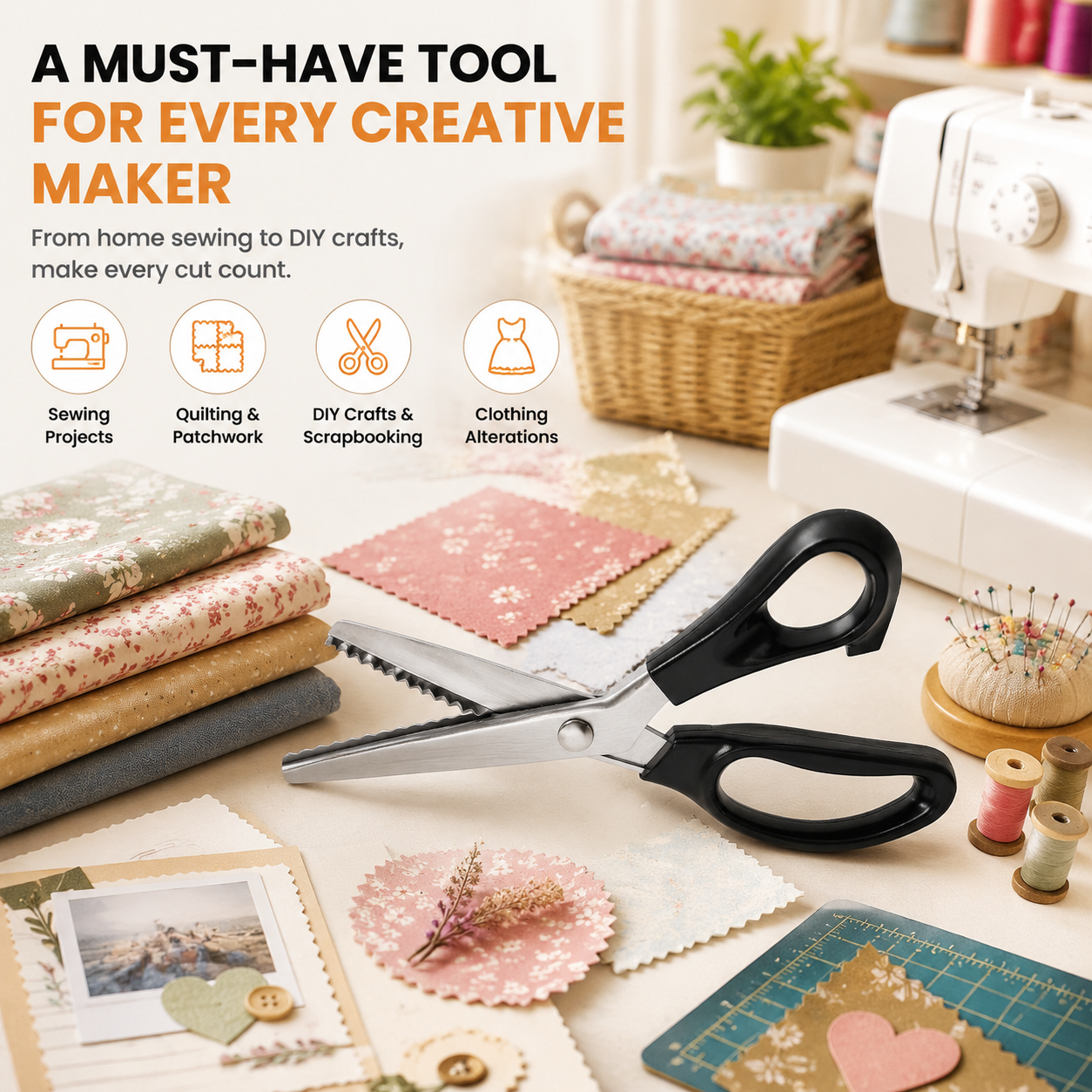 Pinking shears being used for controlled fabric cutting
