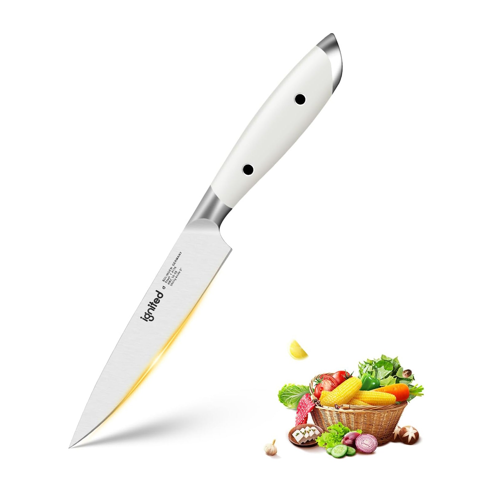 IGNITED CUTLERY 5" Utility Paring Knife – German 1.4116 Steel, Triple-Rivet White ABS Handle, 58 HRC Hardness, Multi-Purpose Precision Blade