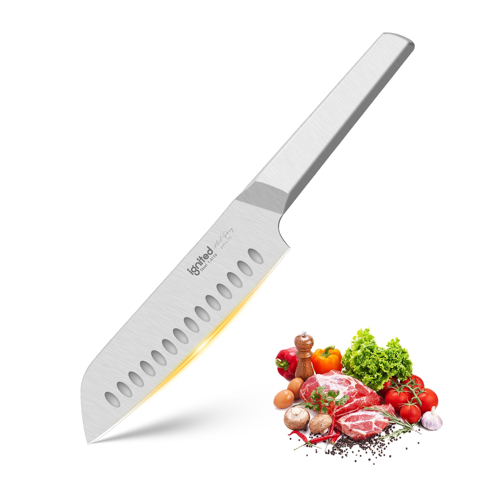 IGNITED CUTLERY 7" Full Steel Santoku Knife – German 1.4116 Steel, One-Piece Forged, Hollow Edge Blade, Anti-Slip Angular Handle, Ergonomic Design