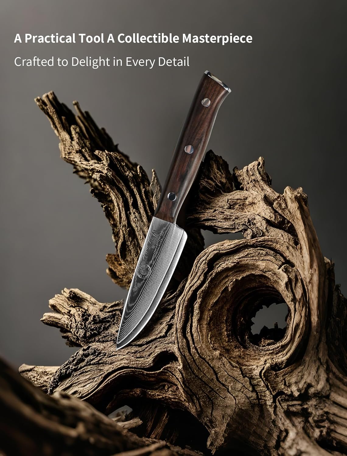 IGNITED CUTLERY Zodiac Series LM-Taurus Mini Damascus Utility Knife – Ebony Handle, 15° Edge, Perfect for Fruit, Steak & Outdoor Picnics