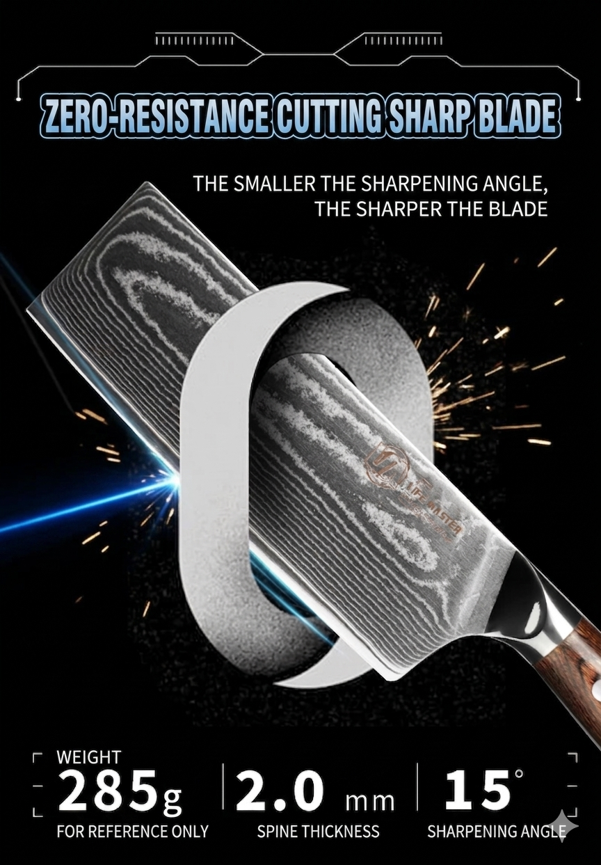 Razor sharp 15-degree golden sharpening angle for zero-resistance vegetable cutting.