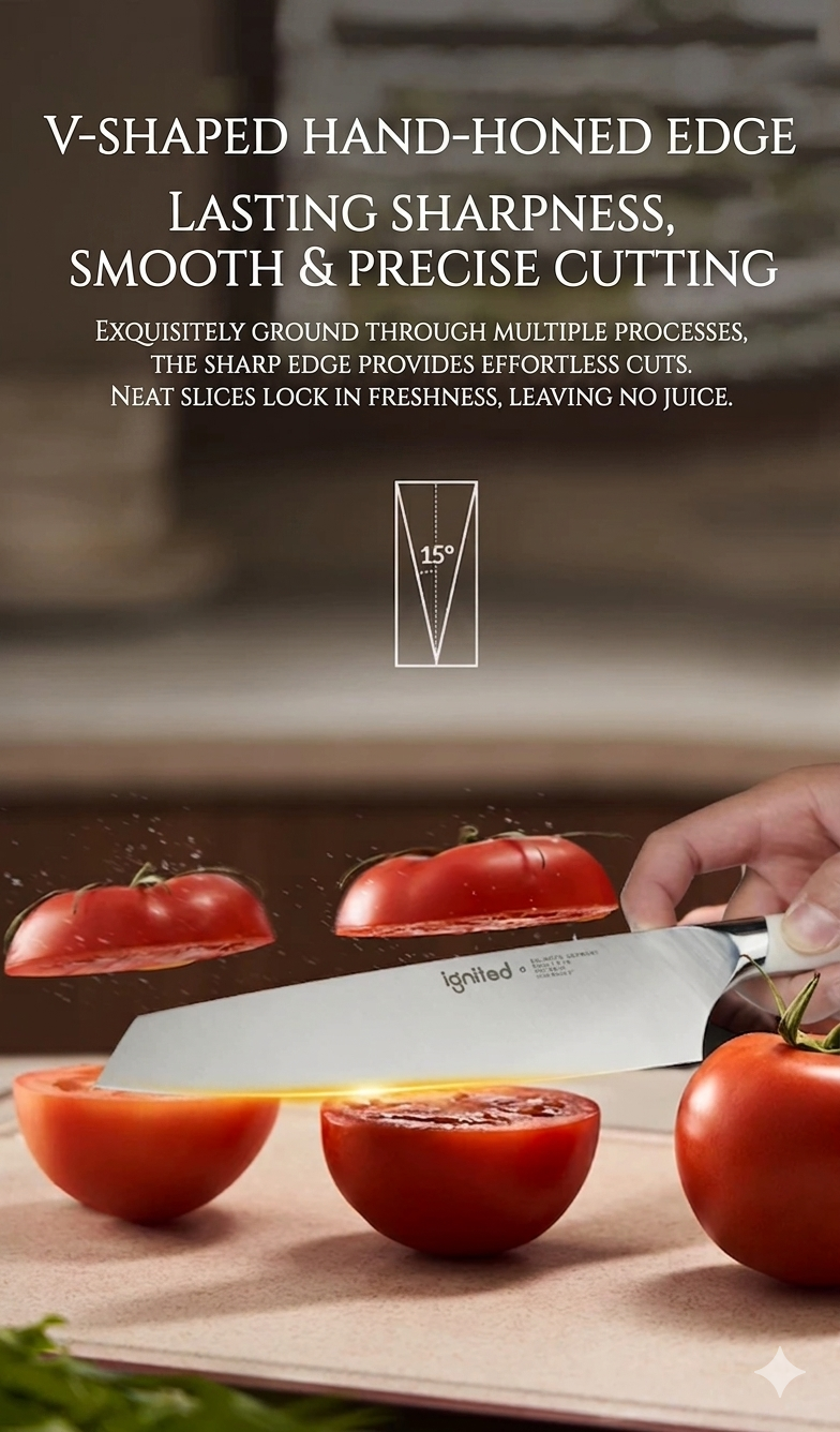 Ultra-sharp 15-degree V-shaped hand-honed edge for precise vegetable and meat cutting.