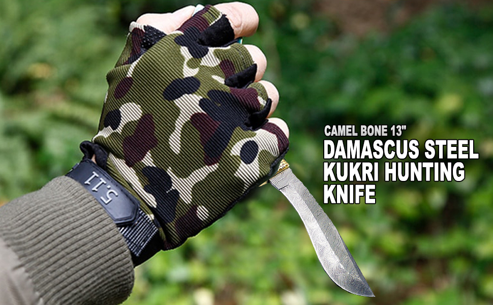 Camel Bone 13" Fixed Blade Custom Handmade Damascus Steel Kukri Hunting Knife