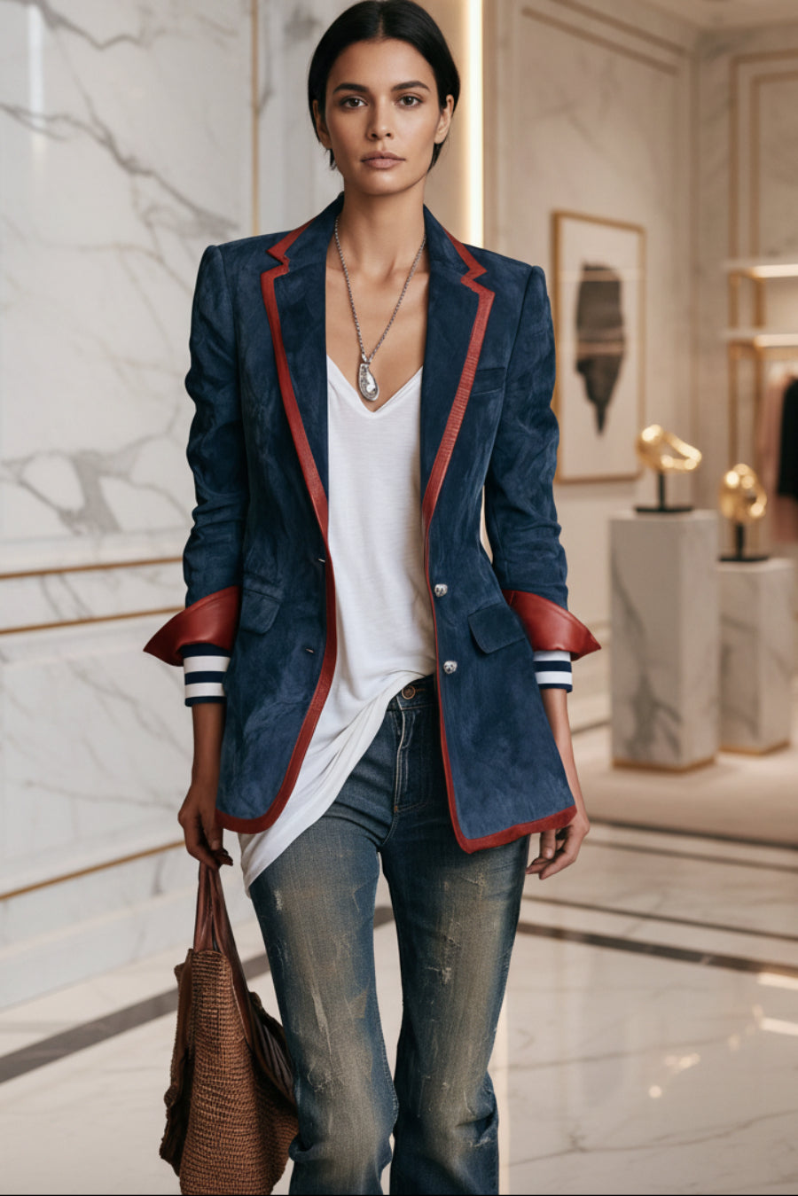 Navy Blue suede color-block blazer with red contrast piping, striped knit cuffs, and gold buttons — worn with white tee and distressed jeans