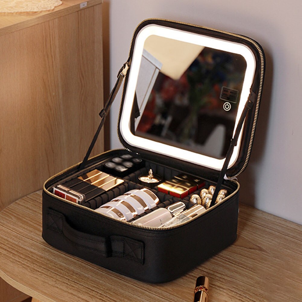 Black travel makeup case with lit mirror