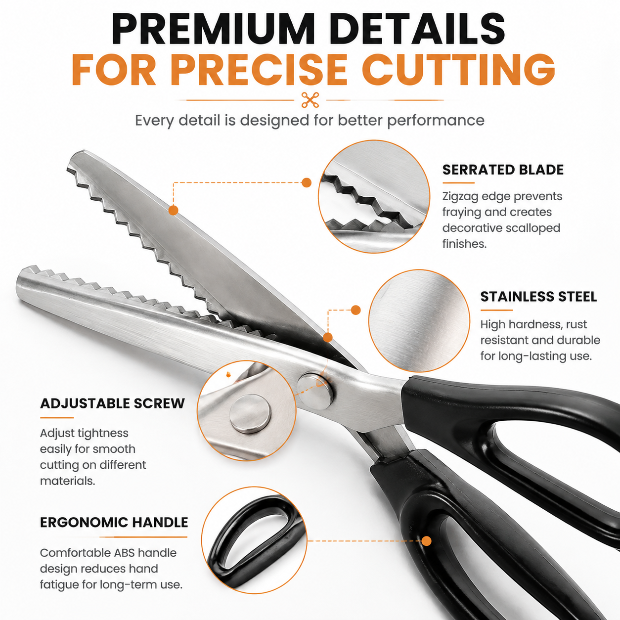 Close-up of precision serrated pinking shear blades