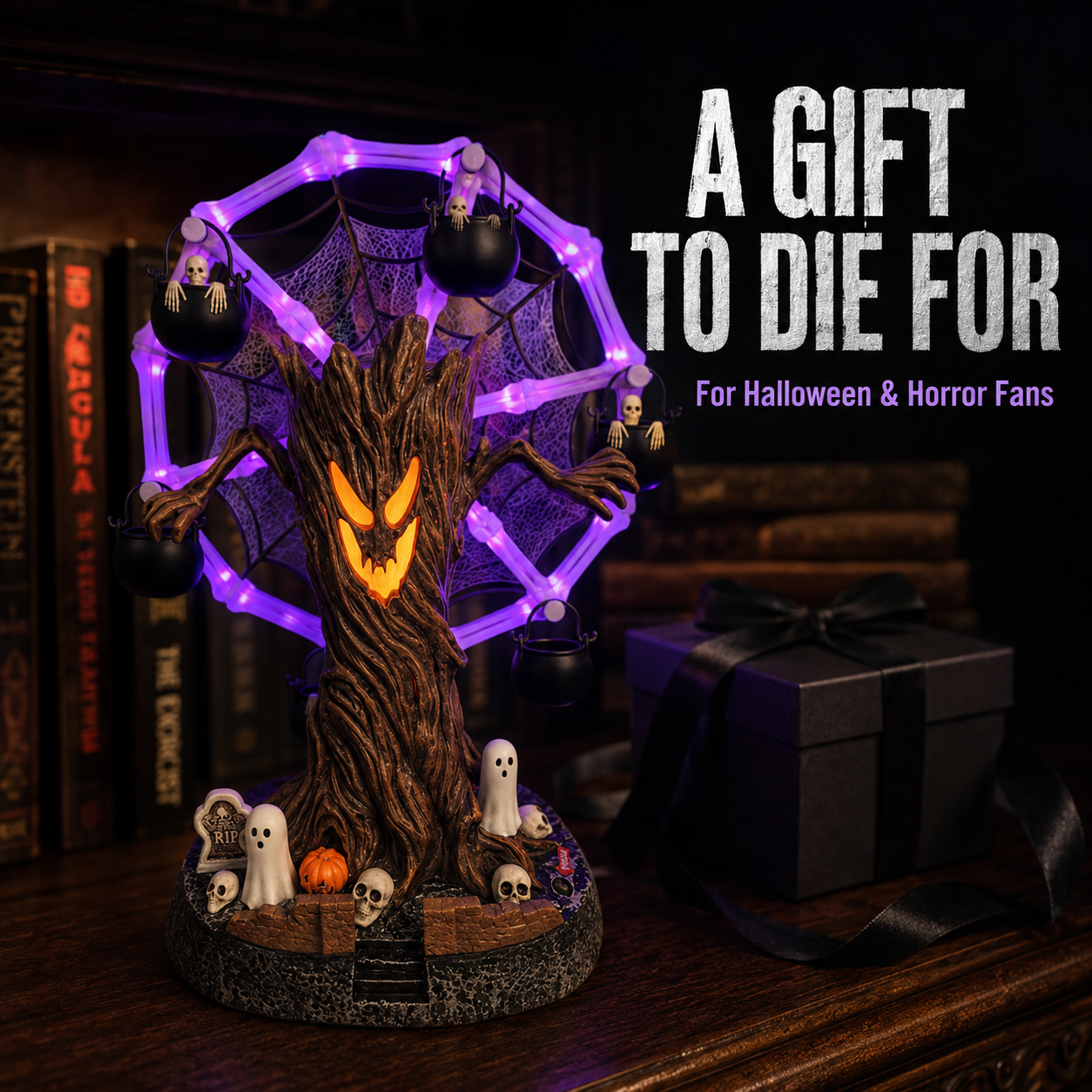 Glowing haunted tree and rotating skeleton Ferris wheel details