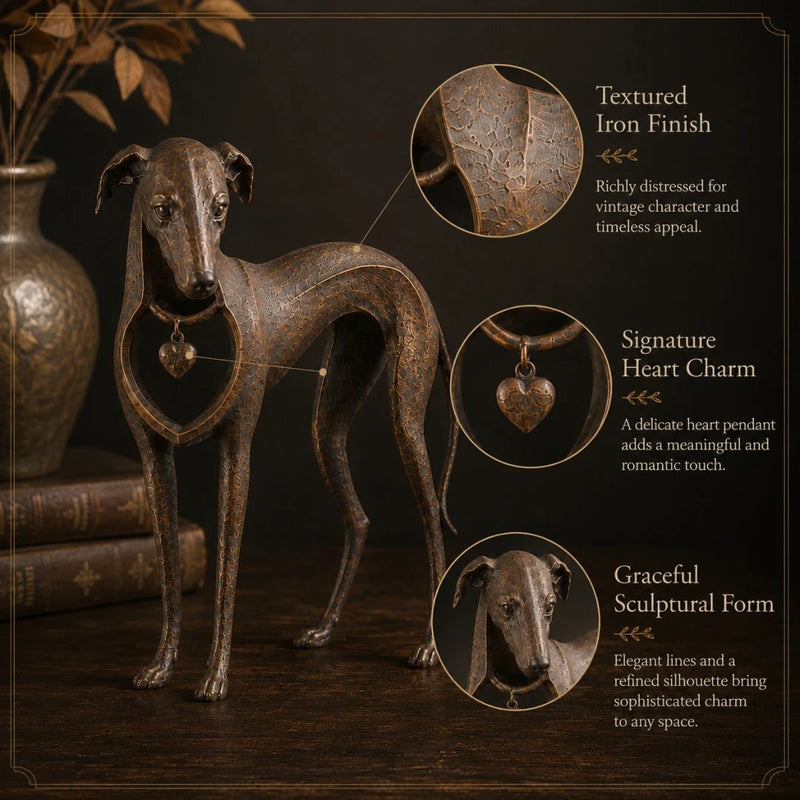 Sighthound sculpture with heart charm detail
