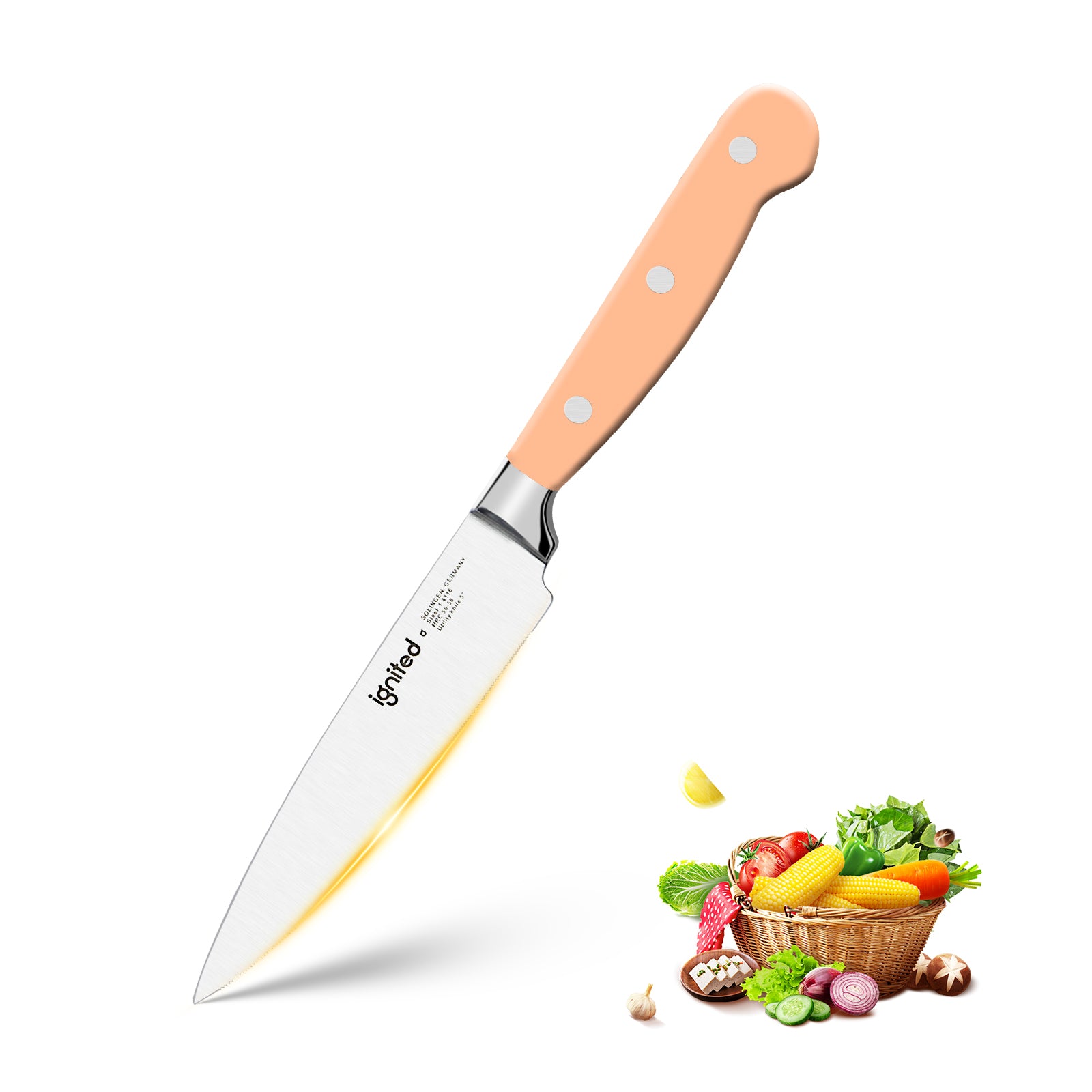 IGNITED CUTLERY 5" Tomato Knife – Serrated Edge, German 1.4116 Stainless Steel, Ergonomic Dopamine-Colored ABS Handle, Multi-Purpose Peeler