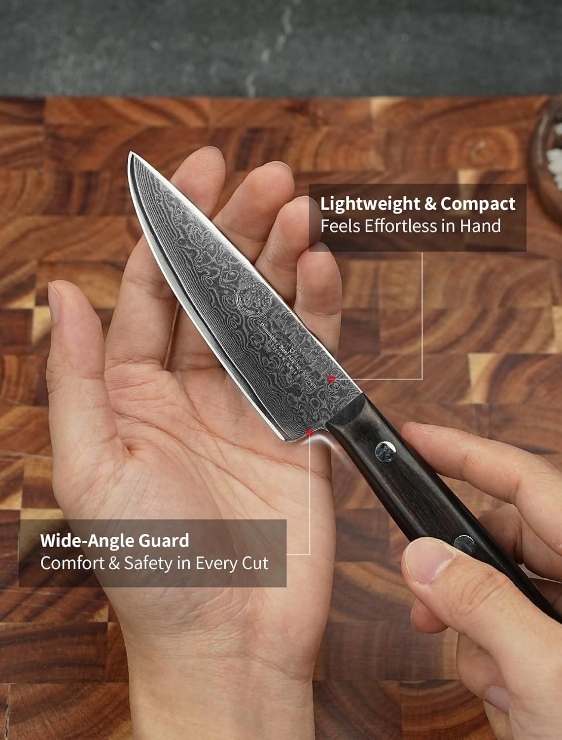 IGNITED CUTLERY Zodiac Series LM-Taurus Mini Damascus Utility Knife – Ebony Handle, 15° Edge, Perfect for Fruit, Steak & Outdoor Picnics
