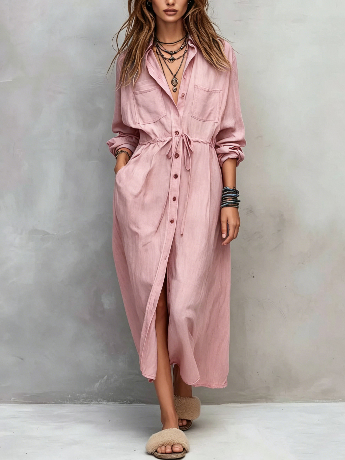Women's A-line shirt dress – worn outdoors spring editorial