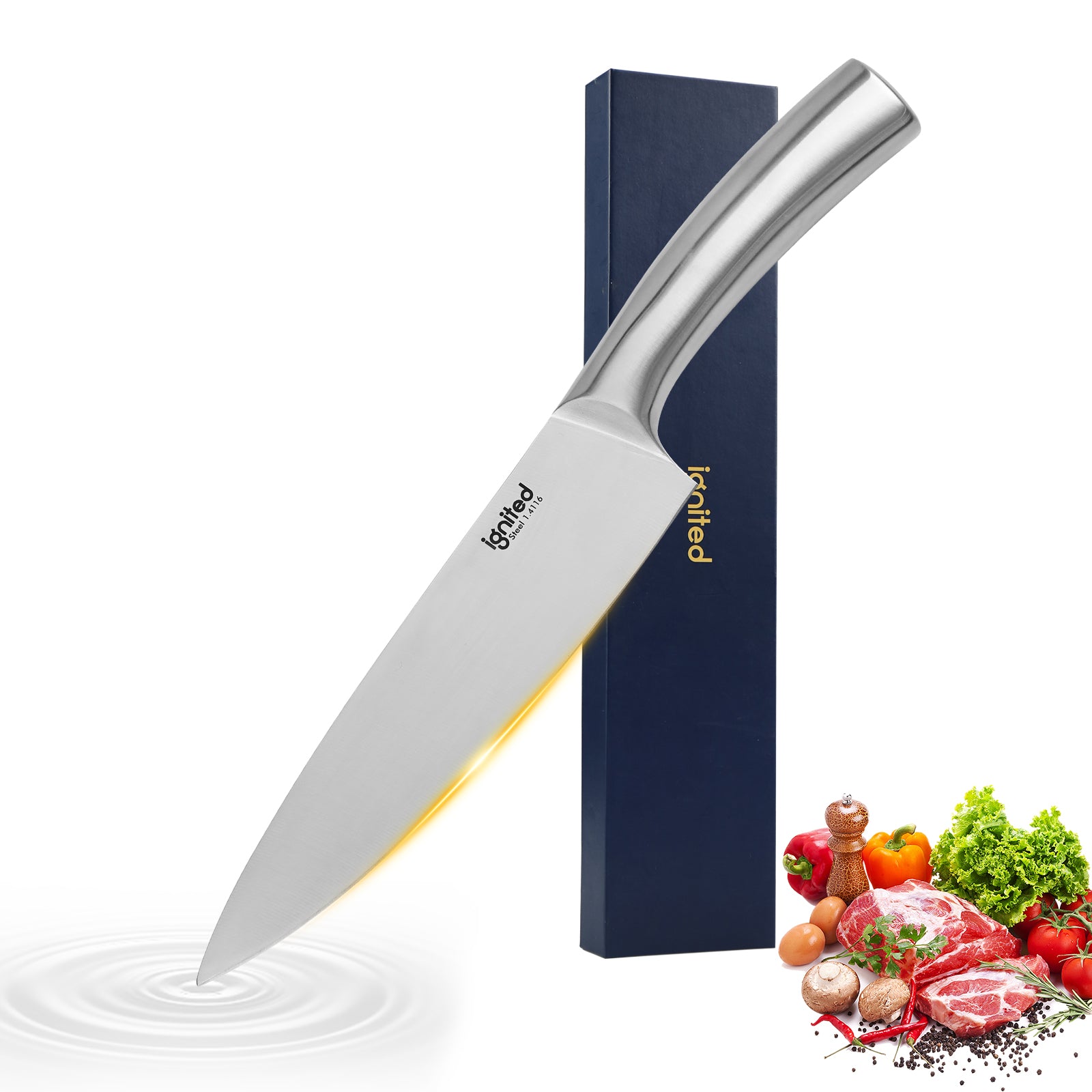 IGNITED CUTLERY 8" Ultra-Thin Full Steel Chef Knife – German 1.4116 Steel, 13° V-Shaped Edge, One-Piece Forged, Curved Ergonomic Handle, 58 HRC