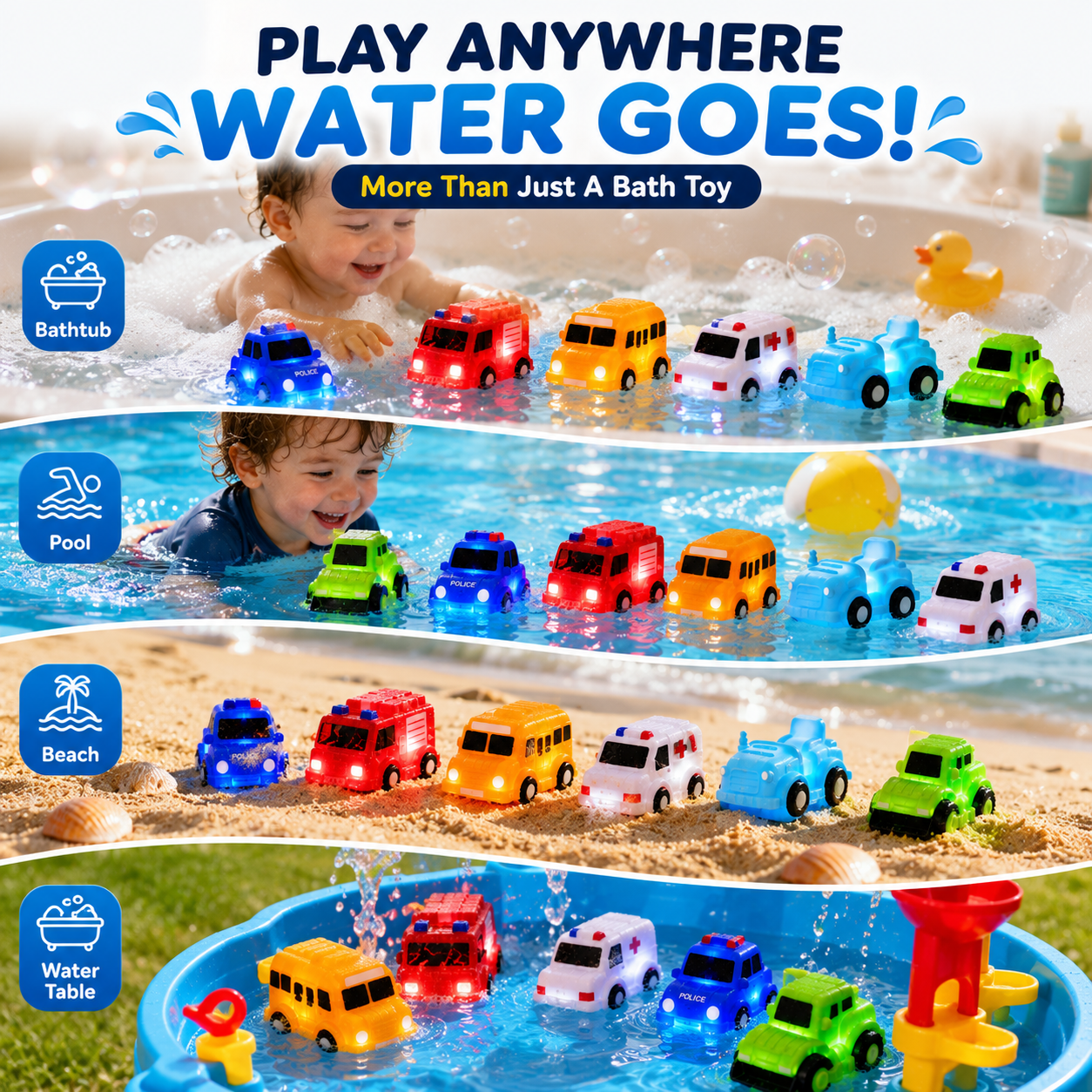 Toddler enjoying bath time with glowing vehicle toys