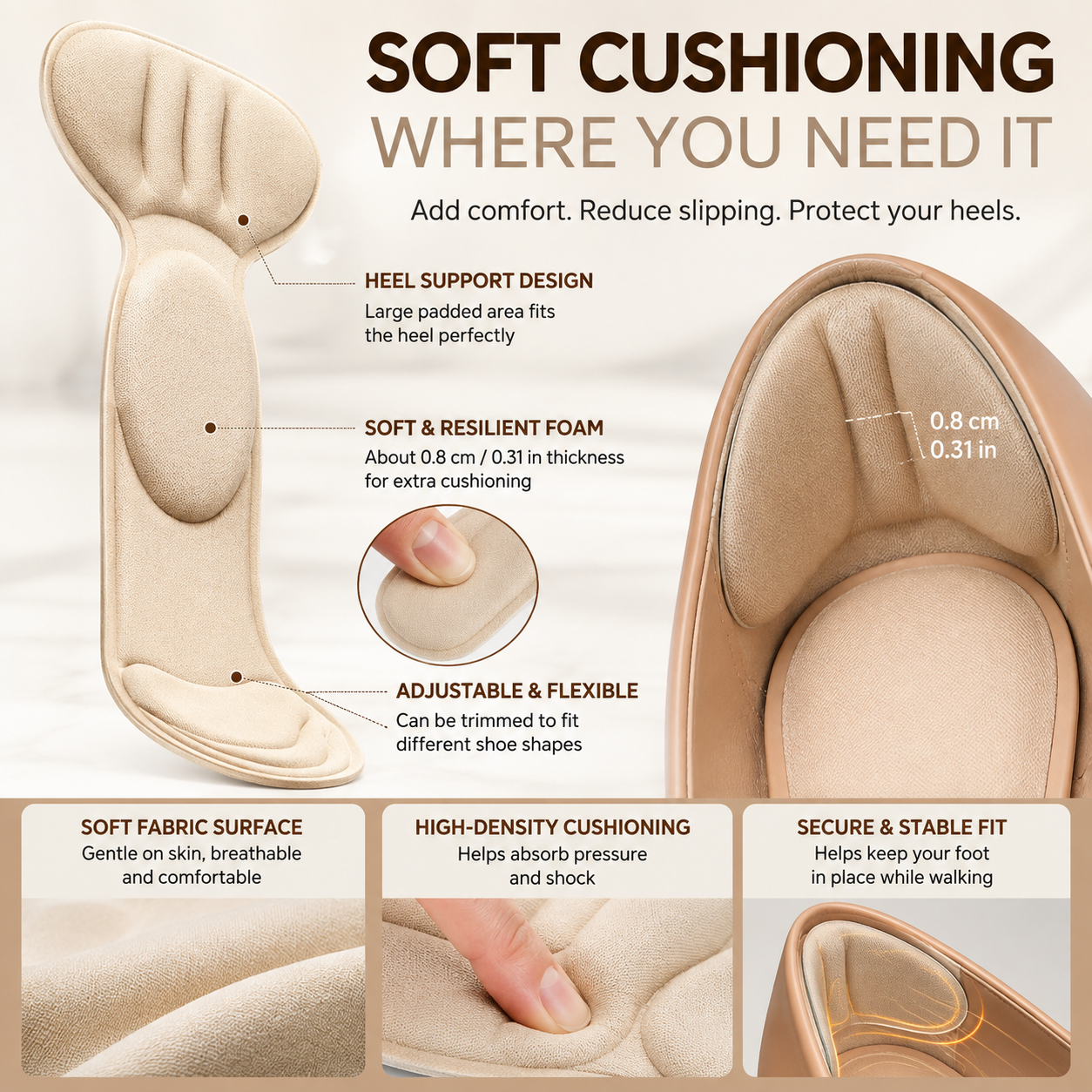Soft anti-slip heel cushion pads