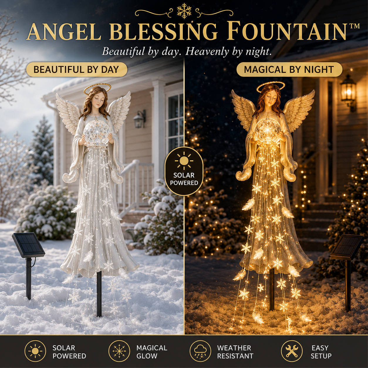 Angel Blessing Fountain beautiful by day and glowing at night