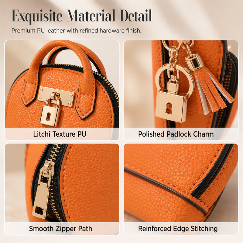PU texture zipper stitching and gold-tone hardware details