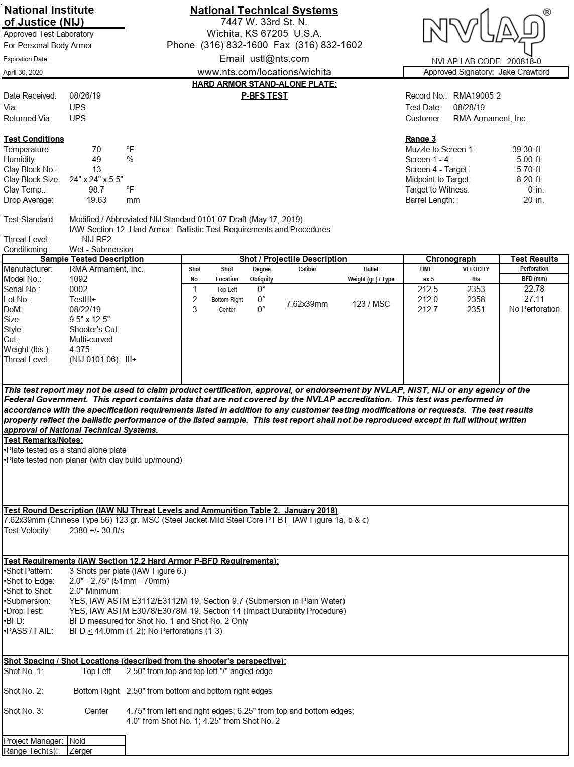 RMA Level III+ Body Armor (RF2) Multi-Curve Defeats m855a1
