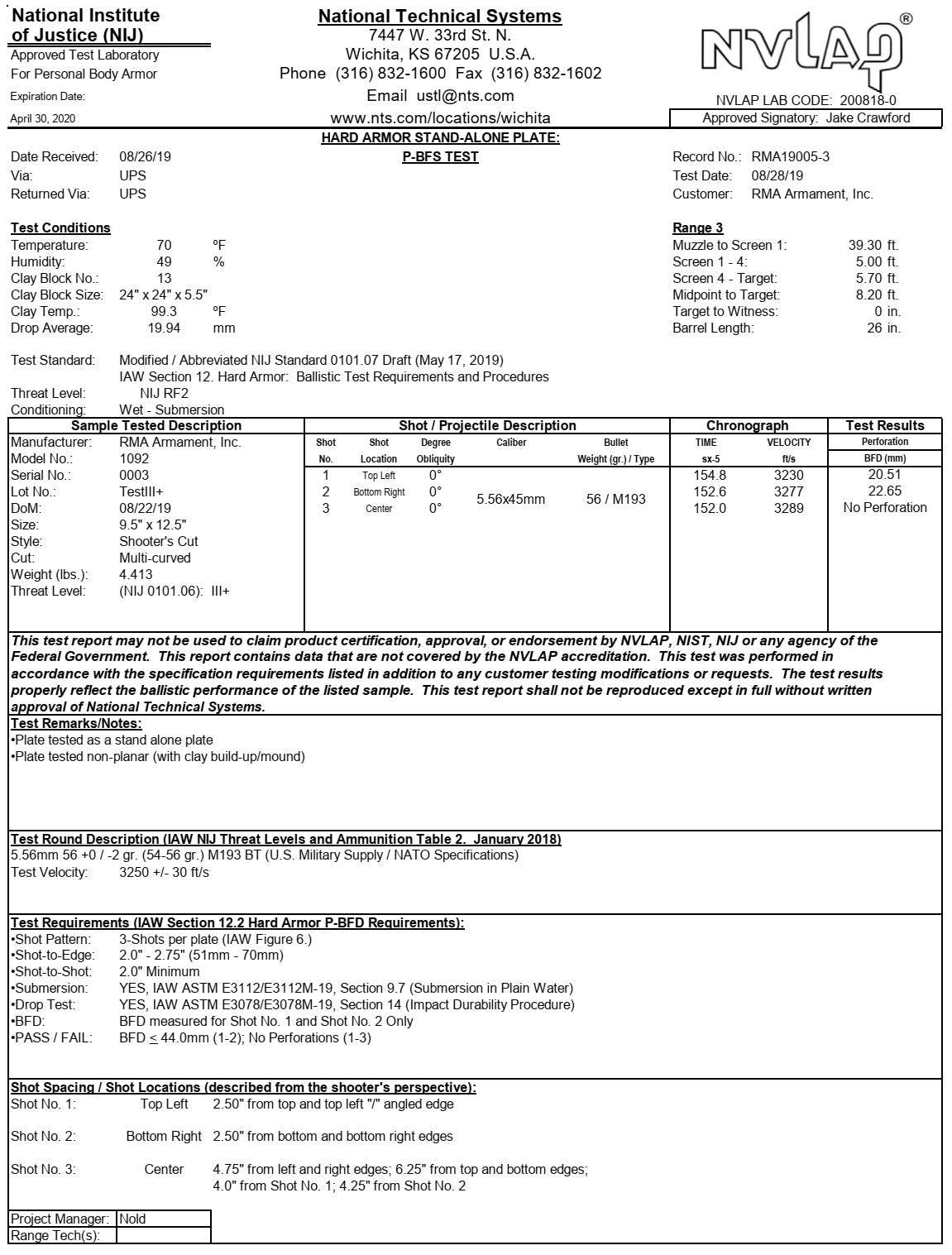 RMA Level III+ Body Armor (RF2) Multi-Curve Defeats m855a1