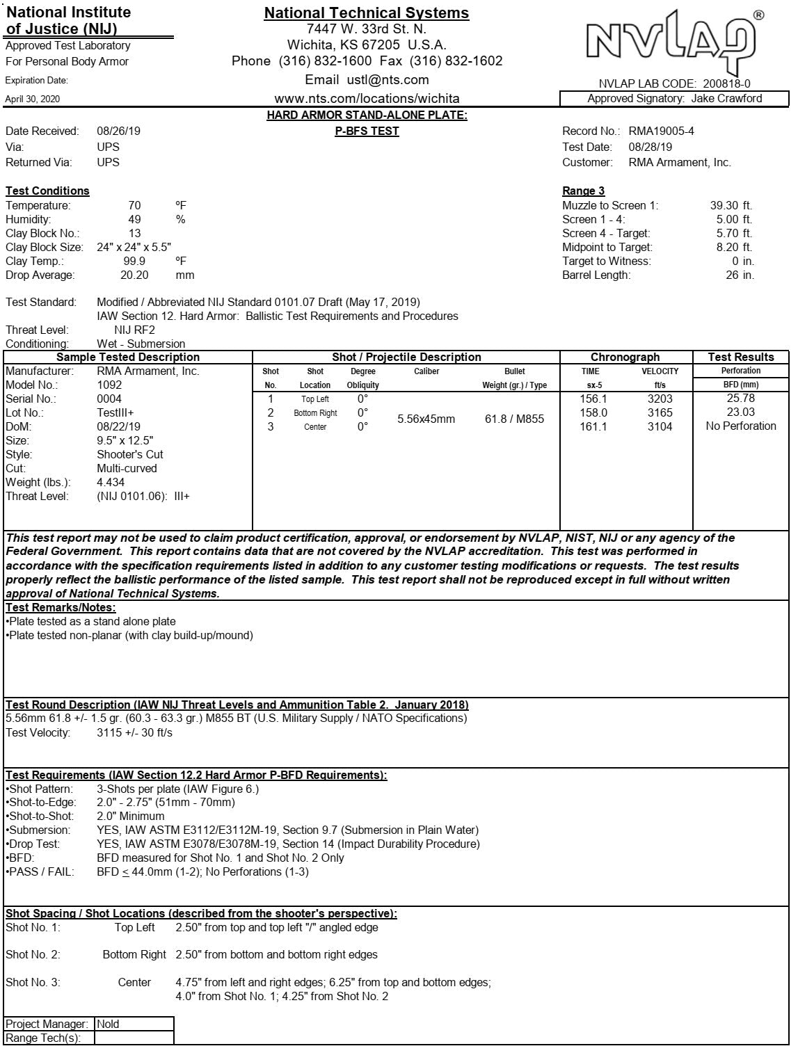 RMA Level III+ Body Armor (RF2) Multi-Curve Defeats m855a1